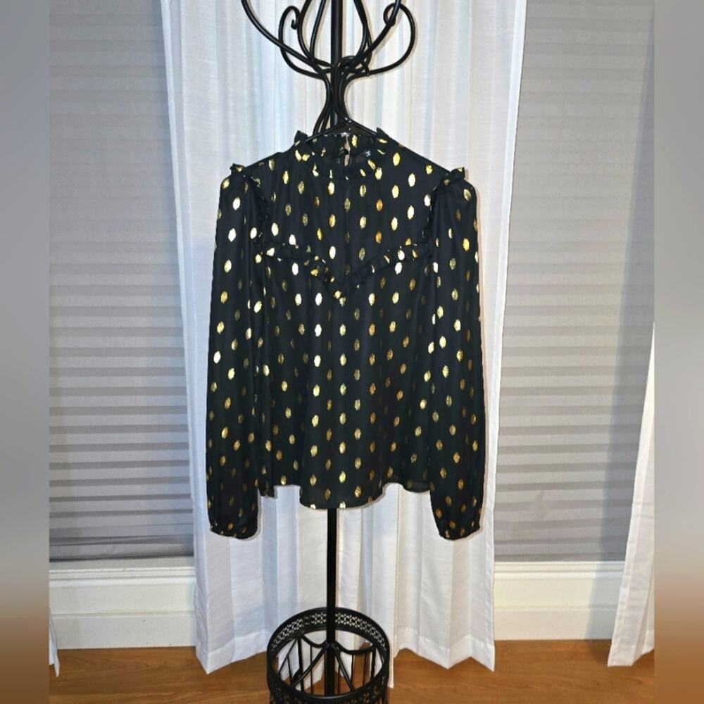 SHEIN Women's Polka Dot Lace Trimmed Collar Long Sleeve Blouse Small
